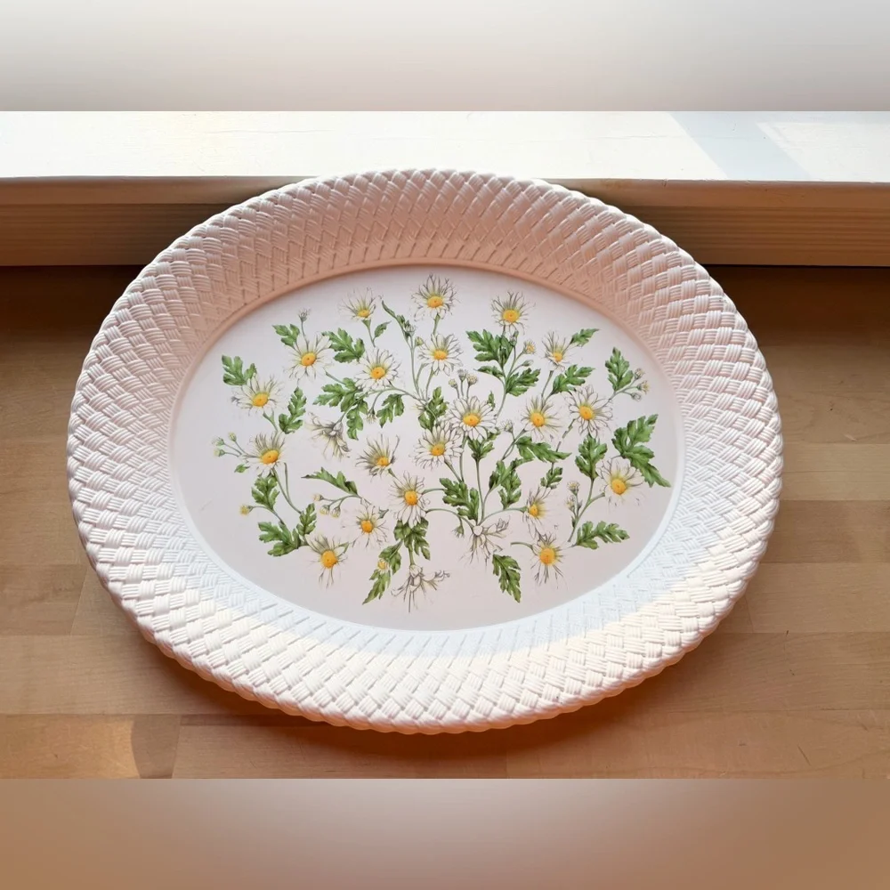 Vintage 90s Daisy Serving Platter Lg Oval Tray White Basketweave Border Melamine